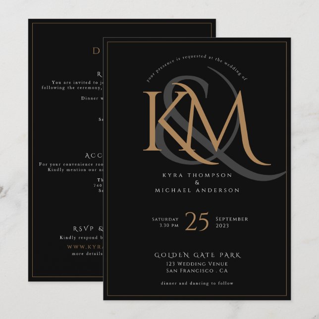 Invitation Élégant Monogramme noir et or tout en un Mariage (Devant / Derrière)