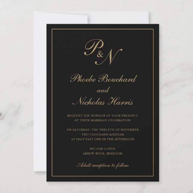 Invitation Élégant Monogramme noir et or tout en un Mariage (Devant)