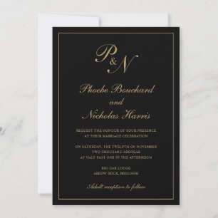 Invitation Élégant Monogramme officiel Mariage noir et or