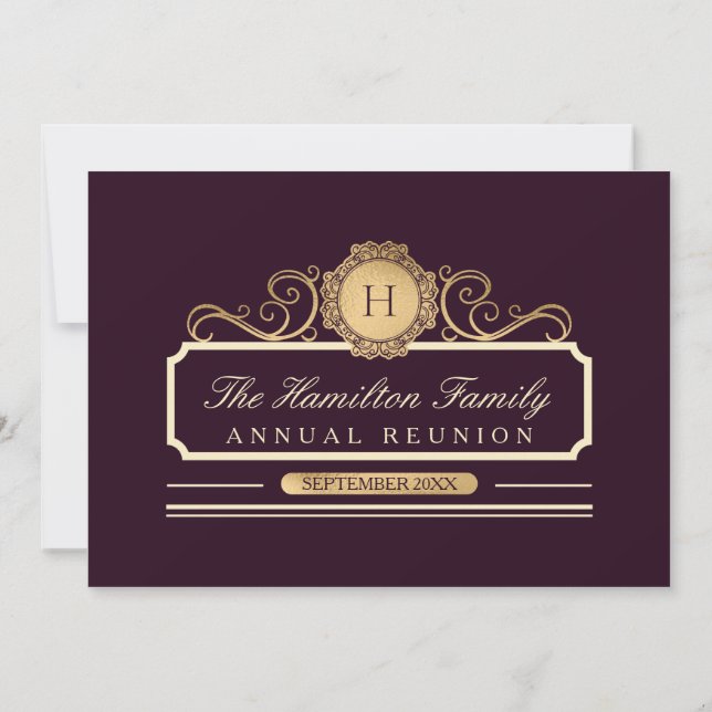 Invitation Élégant Monogramme Or Bourgogne Famille Réunion (Dos)
