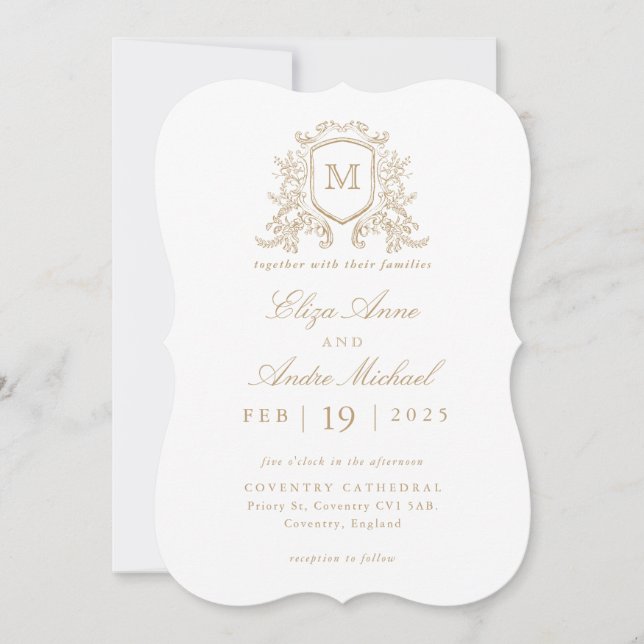 Invitation Élégant Monogramme Or Crest Mariage personnalisé (Devant)