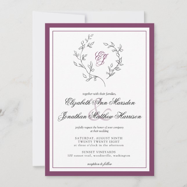 Invitation Élégant Monogramme photo de prune QR Code Wreath (Devant)