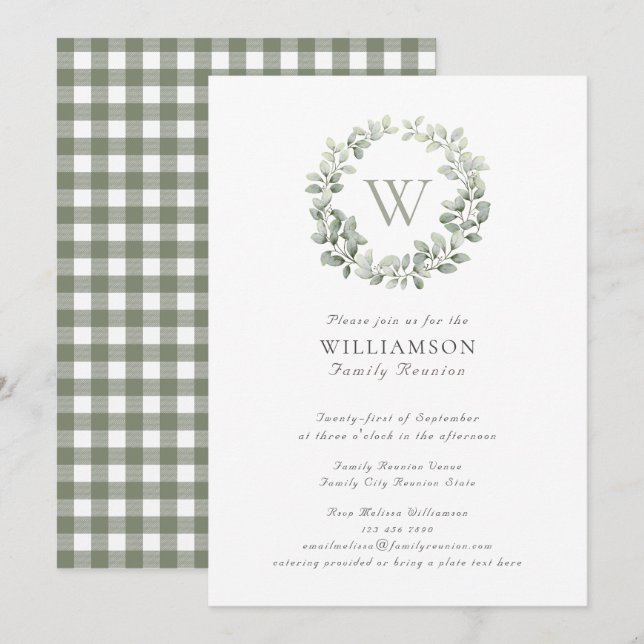 Invitation Élégant Monogramme Sage Plaid Famille Réunion (Devant / Derrière)