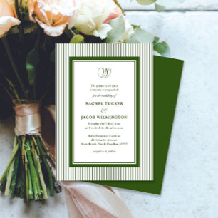 Invitation Élégant Monogramme Vert Forêt Rayé Mariage