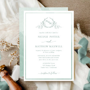 Invitation Elégant Monogramme vert pâle Aquarelle Mariage Inv