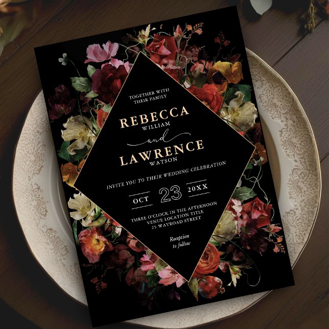 Invitation Élégant moody floral noir mariage (Créateur téléchargé)
