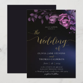 Invitation Élégant Moody moderne noir violet Mariage Floral