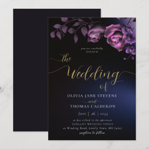 Invitation Élégant Moody moderne noir violet Mariage Floral
