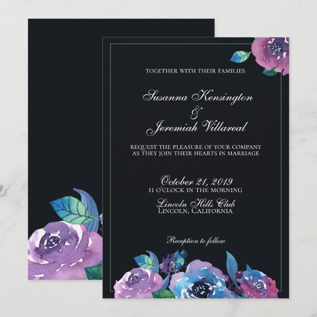 Invitation Elégant Moody Purple Aquarelle Florale Mariage (Devant / Derrière)
