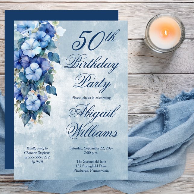 Invitation Elégant Morning Glories Blue Floral 50e anniversai (Boho Elegant Morning Glories Blue Floral 50th Birthday Party Invitation - Print | Digital Download)