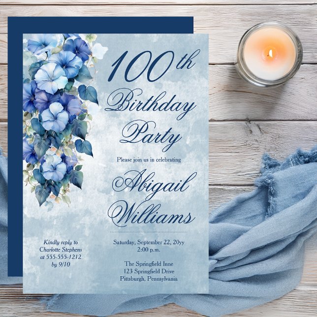 Invitation Elegant Morning Glory Blue Floral 100th Birthday  (Boho Elegant Morning Glories Blue Floral 100th Birthday Party Invitation - Print | Digital Download)