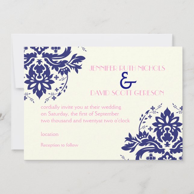 Invitation Elégant motif damassé bleu marine, mariage rose (Devant)