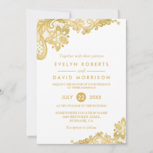 Invitation Élégant Motif de dentelle or blanc Mariage formel