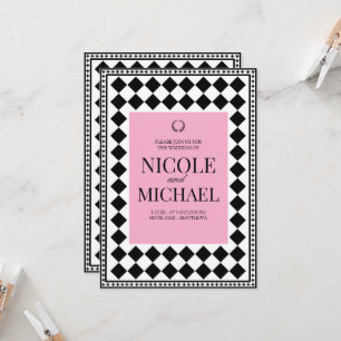 Invitation Élégant motif diamant noir et rose mariage 