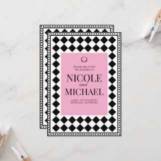 Invitation Élégant motif diamant noir et rose mariage 