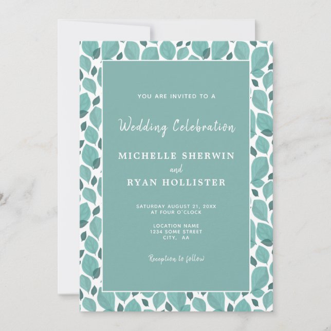 Invitation Elégant Motif feuille Turquoise Mariage botanique  (Devant)