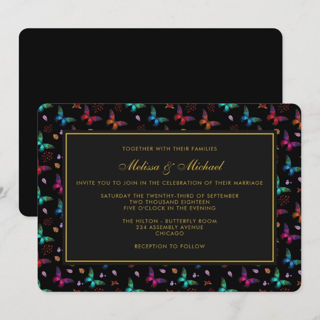 Invitation Elégant Motif papillon sur Black Wedding Invitatio (Devant / Derrière)