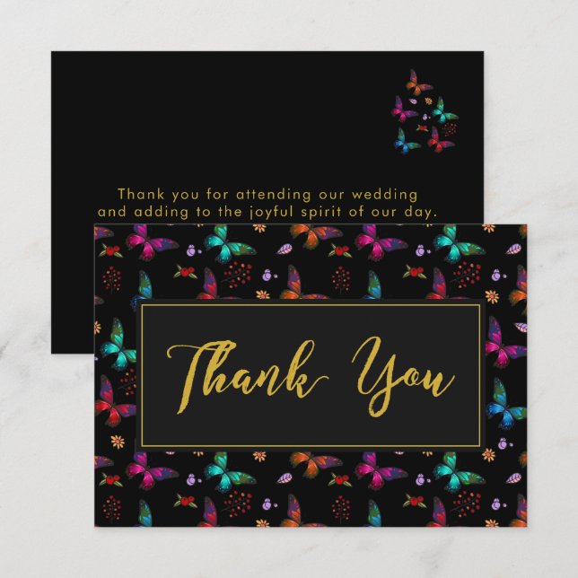 Invitation Elégant Motif papillon sur Mariage noir Merci (Devant / Derrière)