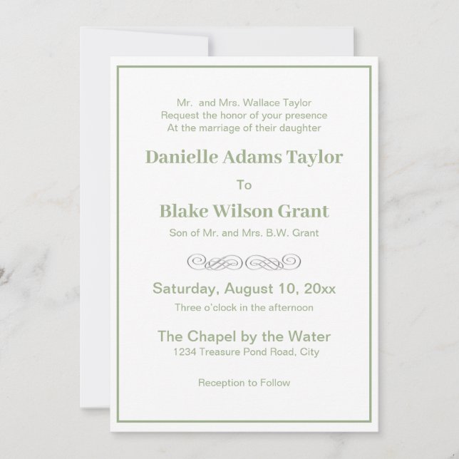 Invitation Élégant Mots traditionnels Sage Vert Mariage blanc (Devant)