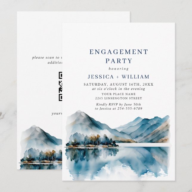 Invitation Elegant Mountain Forest Engagement Party Code QR (Devant / Derrière)