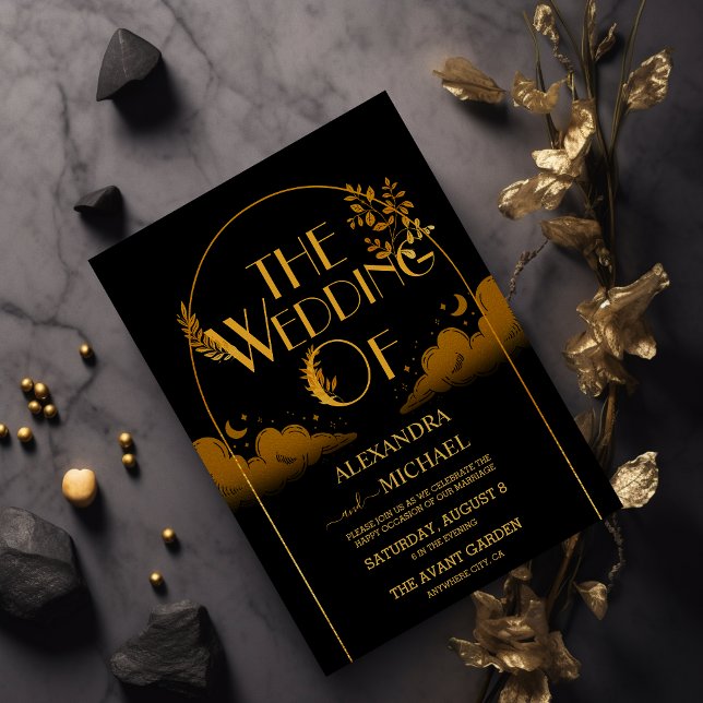 Invitation Élégant mystique nuages d'or noir Mariage de lune (Créateur téléchargé)