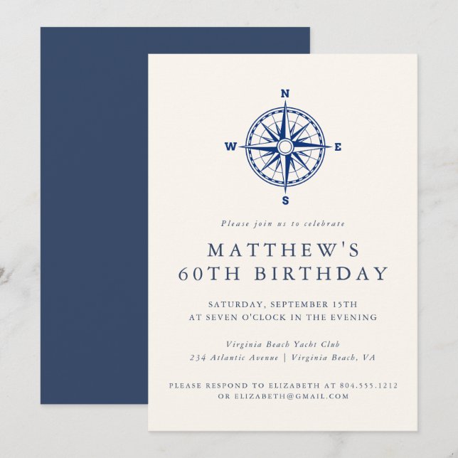 Invitation Elegant Nautical Compass Adult Birthday Party  (Devant / Derrière)