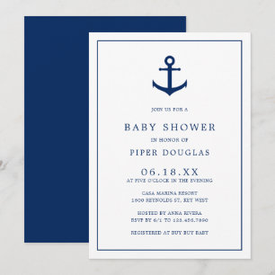 Invitation Elégant Nautical Navy Blue Ancre Baby shower garço