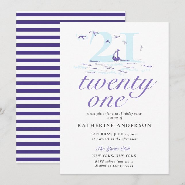 Invitation Elégant Nautical Stripes Bateau Océan 21ème Annive (Devant / Derrière)