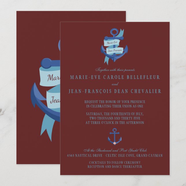 Invitation Elégant Nautical Yacht Destination Mariage (Devant / Derrière)