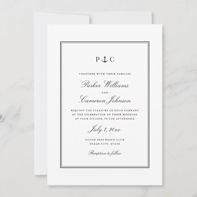 Invitation Elégant Nautique noir et blanc Mariage Ancre (Devant)