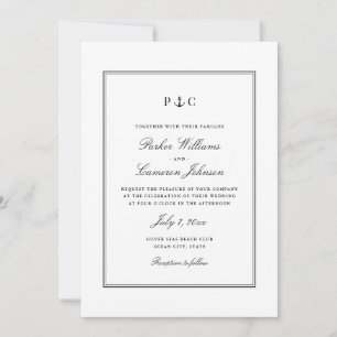Invitation Elégant Nautique noir et blanc Mariage Ancre