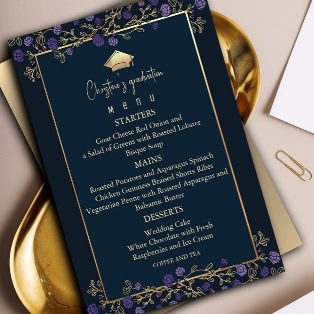 Invitation Elegant Navy Blue and Gold Graduation Party Menu (Elegant Navy Blue and Gold Graduation Party Invitation, #purplegraduate #paurplegoldinvitation)