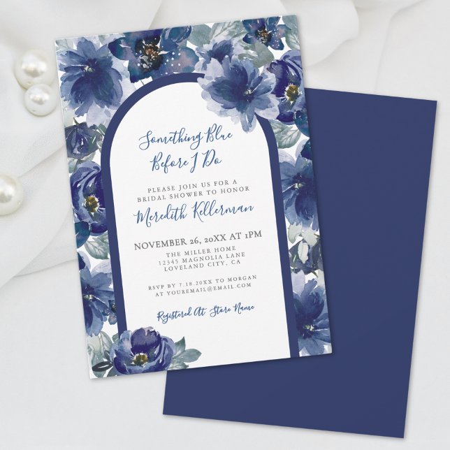 Invitation Elegant Navy Blue Floral Bridal Shower (Elegant Watercolor Navy Blue Floral Bridal Shower Invitation)