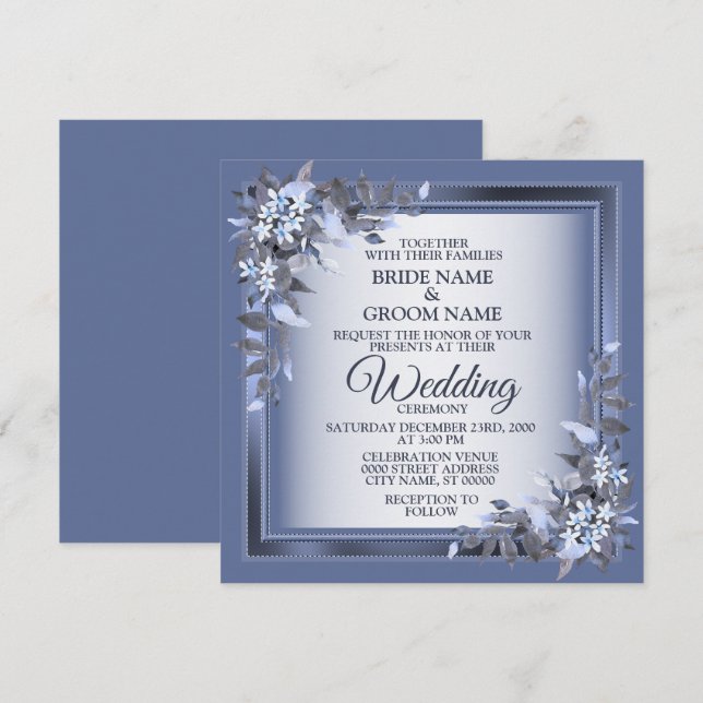 Invitation Elegant Navy Blue Floral Framed Silver Wedding (Devant / Derrière)