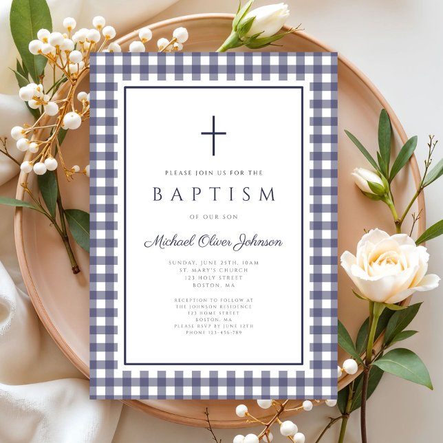 Invitation Elegant Navy Blue Gingham Boy Baptism (Elegant Navy Blue Gingham Boy Baptism Invitation)