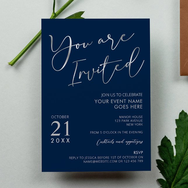 Invitation Elegant Navy Blue & Silver Script Company Party (Elegant navy blue and faux silver business event invitations with calligraphy fonts and your logo)
