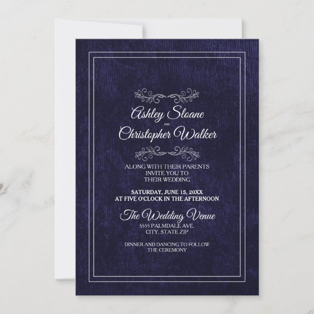 Invitation Elegant Navy Blue Velvet White Monogram Wedding (Devant)