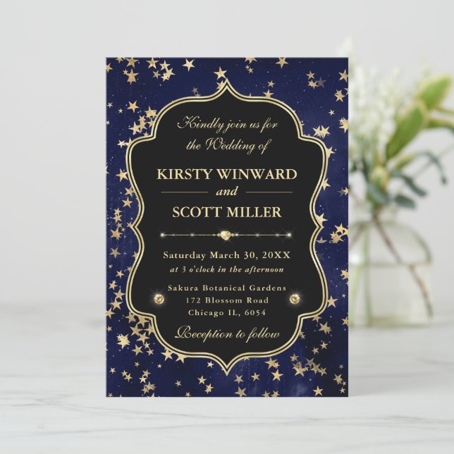 Invitation Elegant Navy & Gold Celestial Starry Wedding (Debout devant)