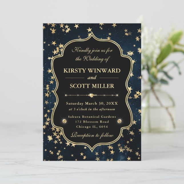 Invitation Elegant Navy & Gold Celestial Starry Wedding (Debout devant)