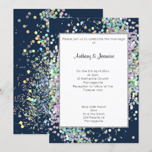 INVITATION ELEGANT NAVY HOLOGRAPHIQUE PASTEL MARIAGE