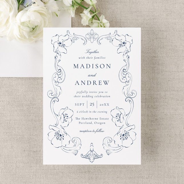 Invitation Elegant Navy Ornate Floral Frame Wedding (Créateur téléchargé)
