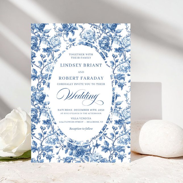 Invitation Elegant Navy Toile de Jouy Rose Floral Wedding  (Elegant Navy Toile de Jouy Rose Floral Wedding Invitation)