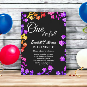 Invitation Elégant Neon Colors Rose Floral 1er anniversaire