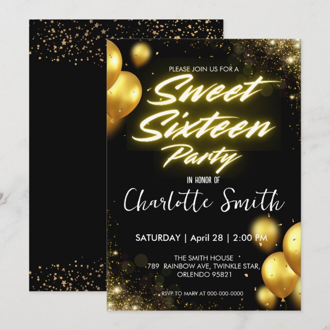 Invitation Elégant néon Gold Balloo rétro Sweet 16e anniversa (Devant / Derrière)