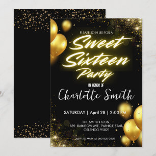 Invitation Elégant néon Gold Balloo rétro Sweet 16e anniversa