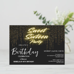 Invitation Elégant néon or noir rétro Sweet 16e anniversaire