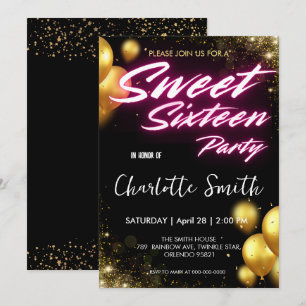 Invitation Elégant néon Or rose rétro Sweet 16e anniversaire