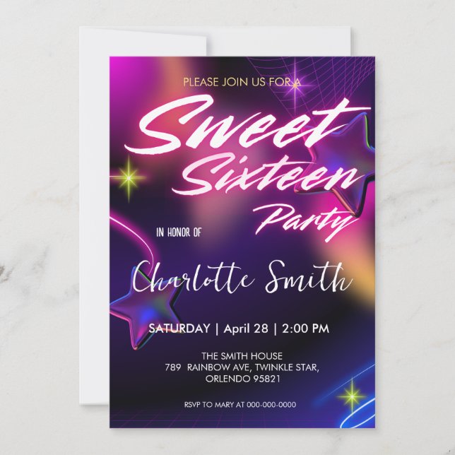 Invitation Elégant néon rose rétro noir Sweet 16e anniversair (Devant)