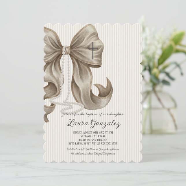 Invitation Elegant Neutral Striped Bow Baptism (Debout devant)