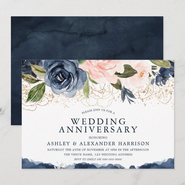 Invitation Élégant Noces de Mariage Anniversaire Fleur Navy O (Devant / Derrière)